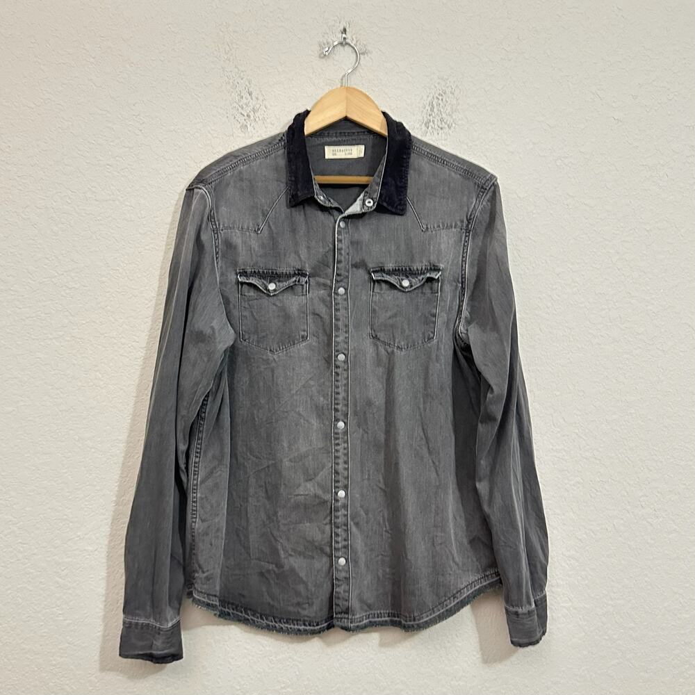 ALLSAINTS Genki Shirt Gray Denim Snap Button Corduroy Collar LS Western